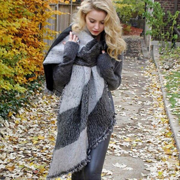 

scarves winter warm women's large thick long cashmere wool blend soft plaid scarf shawl wrap, Blue;gray