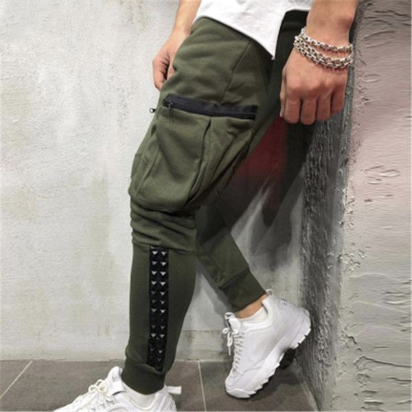 

men's pants 2021 sports men gyms joggers fitness pure color long workout skinny sweatpants jogger running trousers, Black