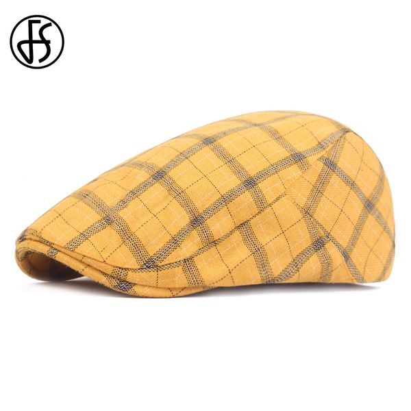 

fs 2020 summer yellow white check flat cap artist peaky blinder hat adjustable cotton plaid beret hat for men women gorra hombre, Blue;gray
