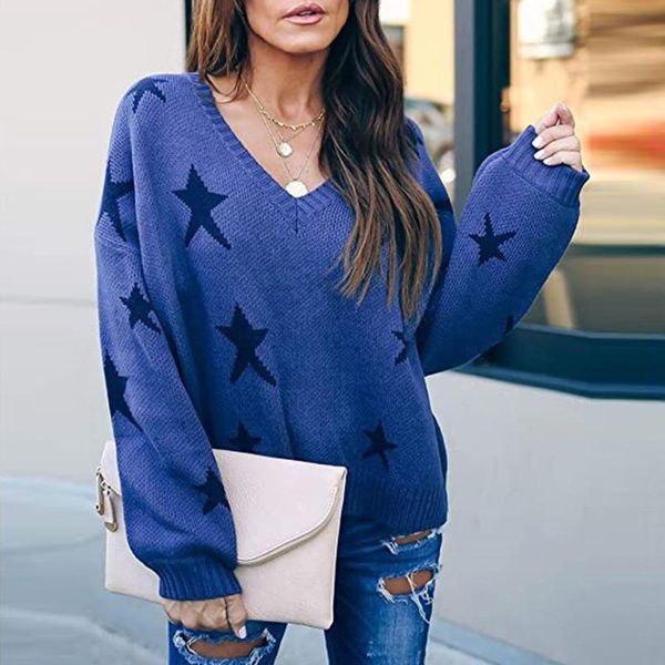 

womens fashion long sleeve star print v-neck sweater ladies casual pullover loose comfortable wear mujer sueteres #3, White;black