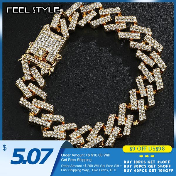 

15mm cuban chain bling iced out full rhinestone bracelet geometric cz stone bracelets for men hip hop jewelry, Black
