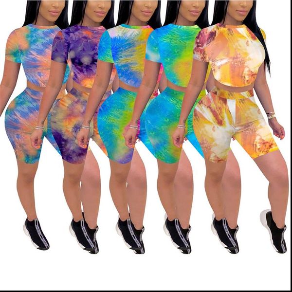 

summer fashion tie dyeing print shorts suit women sportswear casual two piece set jogger tracksuit home outfits, Gray