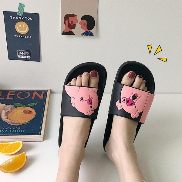 

cute cartoon pig slippers women 2020 new summer slides flat shoes home outside beach flip flops ladies sandals, Black