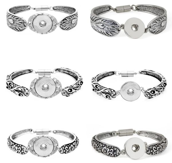 

flower branch feather metal 18mm snap buttons bracelet bangle tibetan jewelry for women 12pcs/lot mix styles, Golden;silver