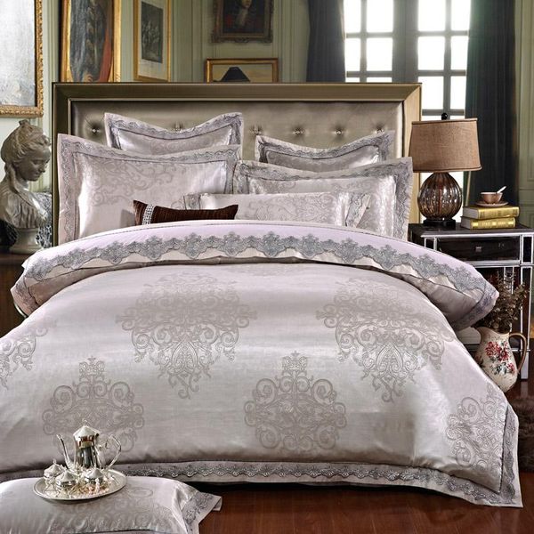 

bedding sets ivarose luxury jacquard silk bed linen grey silver gold satin set/bedspread  king size duvet cover sheet set 4/6pcs
