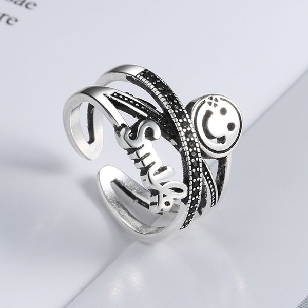 

happy smiling face letter thai silver color ring mutil-layer cross black stone open finger ring for gift s-r586, Golden;silver