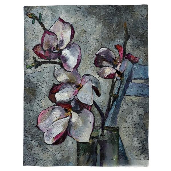 

purple magnolia flower oil painting throw blanket portable flannel blanket l/sofa/office/plane travel blankets for beds