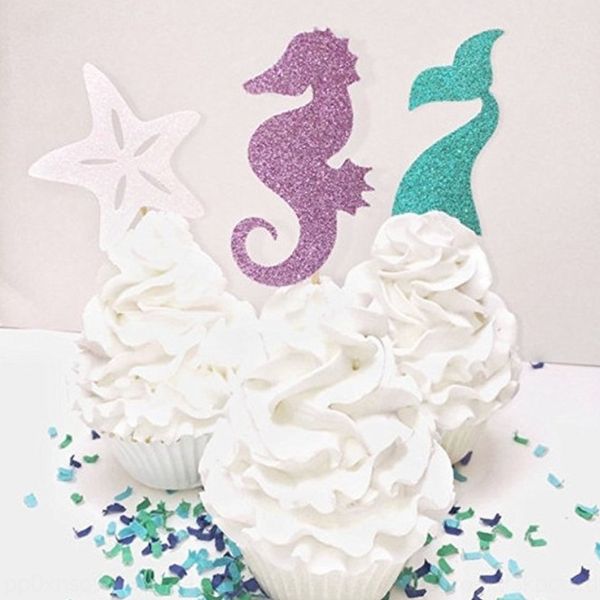 

mermaid party dessert decoration flag-inserting creative starfish seahorse decorative card-inserting 12 mermaid cake party dessert decoratio