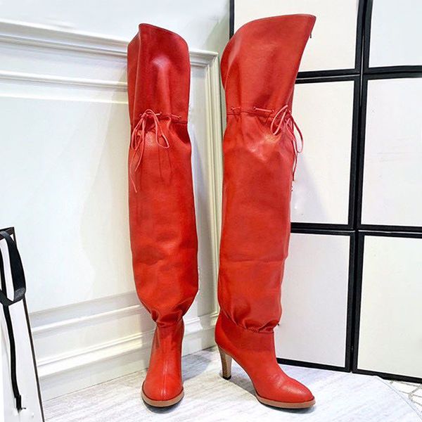 

thin high heels over the knee boots women soft pleated leather lace up winter thigh high boots shoes female booties 2020, Black