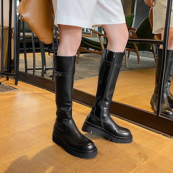 

new women genuine leather knee high boots chunky heels dancing night club shoes woman punk riding boots, Black