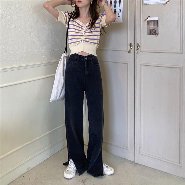 

women jean 2020 trousers split waist streetwear denim straight fashion elegant casual all-match loose wide leg, Black;white
