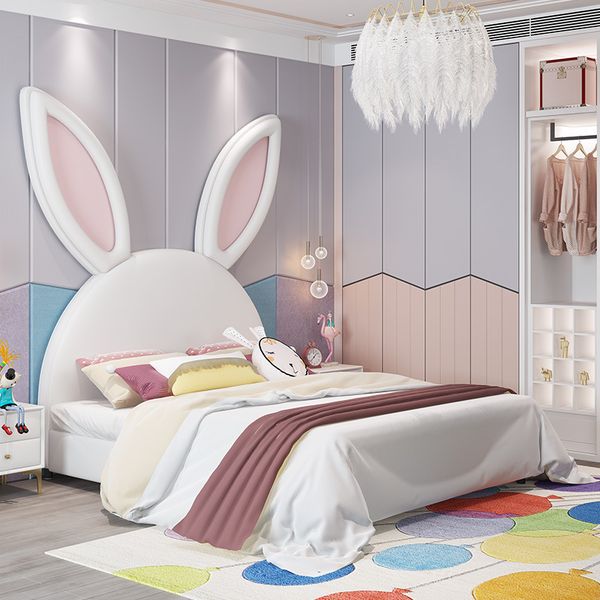 

light luxury children's bed creative bed modern simple boys and girls bedroom solid wood leather