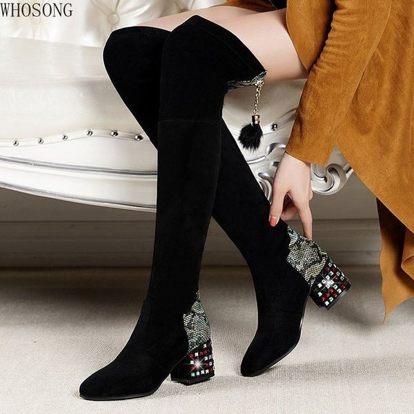 

fashion over the knee long boots women winter boots rhinestone high heels for women thick heel black stretch botas