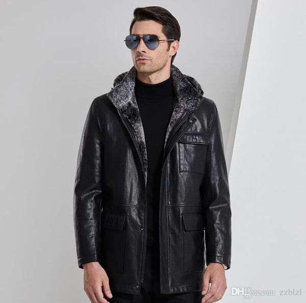 

ecological snow rabbit fur man hooded autumn and winter new men s medium and long leather jacket with hat detachable cool handsome favorite, Black