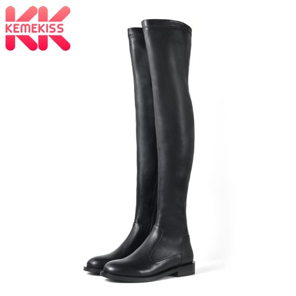 

kemekiss genuine leather silm over the knee boots round toe low heel zipper party shoes winter ladies footwear size 34-39, Black