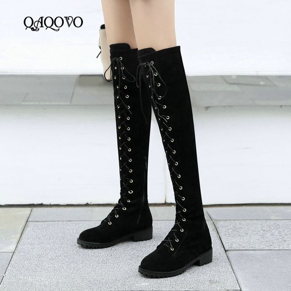 

ladies shoes square low heel knee high boots fashion zipper lacing long boots round toe autumn winter motorcycle women, Black