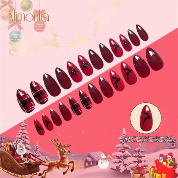 

24pcs professional false nails artificial stiletto full cover red design christmas fake nail art beauty manicure deco tools, Red;gold