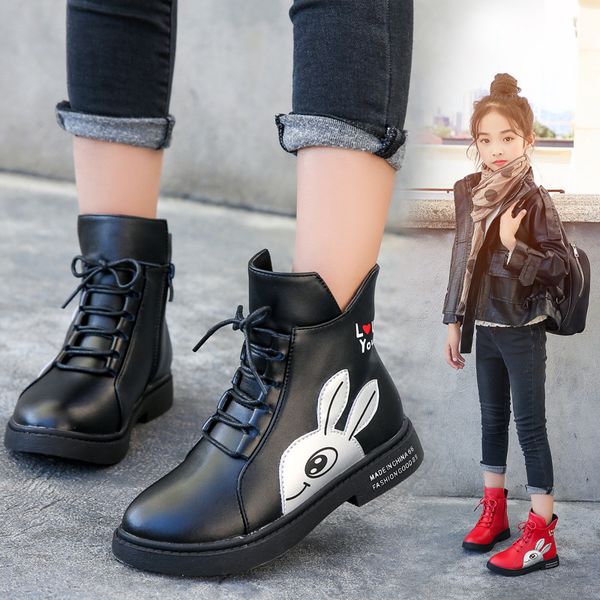 

girl boots autumn winter red warm rain boots waterproof imitation leather martin christmas gifts kids girls, Black;grey