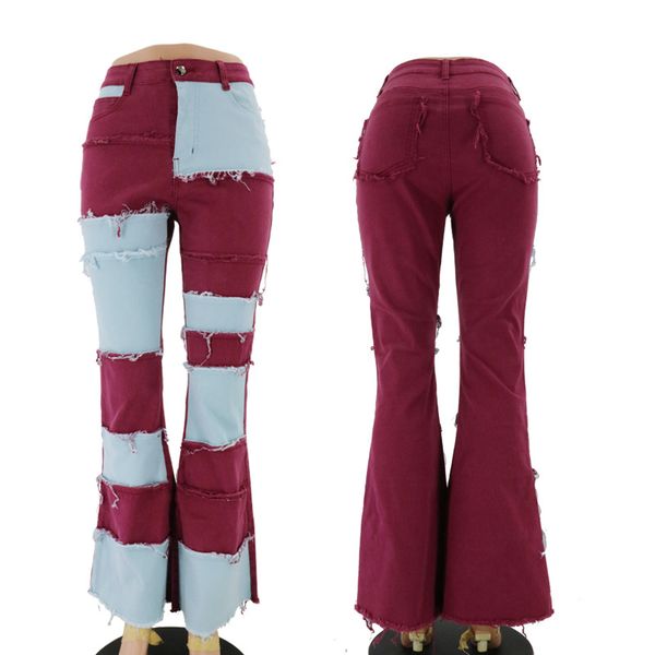 

women's jeans high waist flare pants for women with pockets elastic skinny denim woman casual ladies wide leg patchwork push up fashion, Blue