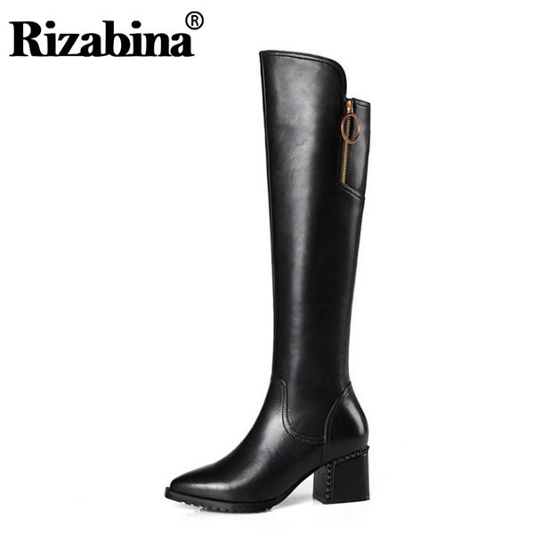 

boots rizabina women knee high genuine leather shoes winter warm thick heel zipper fur size 34-42, Black