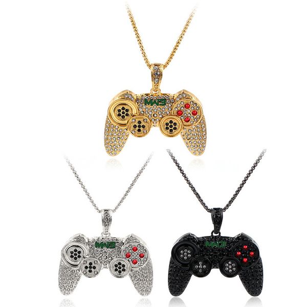 

pendant necklaces hip hop iced out game controller handle necklace for women men gold colour crystal rhinestone jewelry chain, Silver