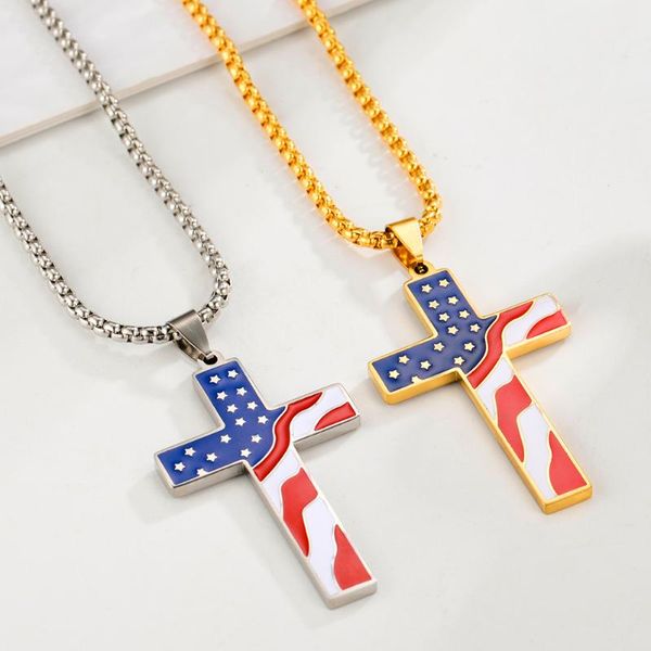 

pendant necklaces dawapara stars and stripes cross necklace wishes talisman women men stainless steel jewelry, Silver