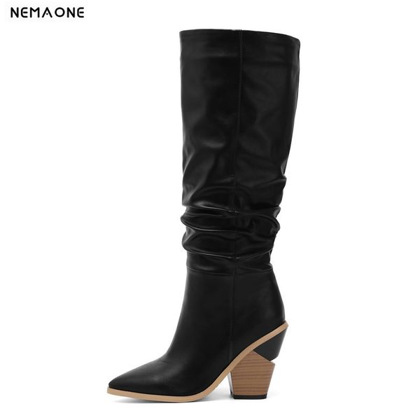 

nemaone women knee high boots thick high heels women boots ladies pointed toe wedding party shoes woman size 41 42 43, Black