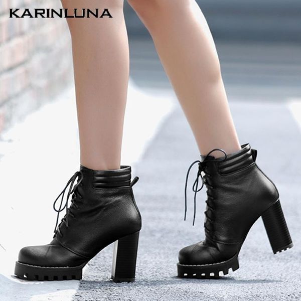 

karin big size 41 genuine leather leisure flock cross-tied sqaure thick heels cow leather ankle boots, Black