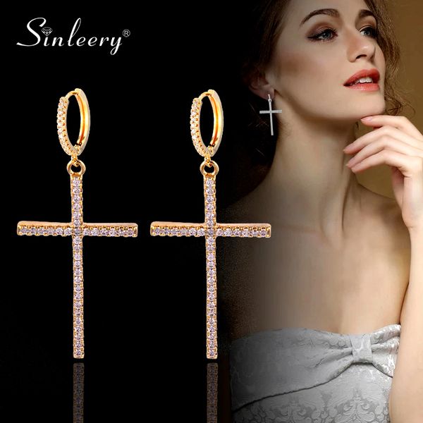 

sinleery simple cross circle hoop earrings yellow gold silver color drop dangle earrings for women fashion jewelry es901 ssa