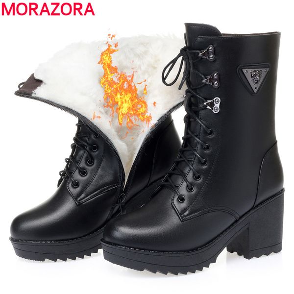 

morazora large size 35-41 new nature wool snow boots women zip platform ankle boots square high heels ankle winter shoes, Black