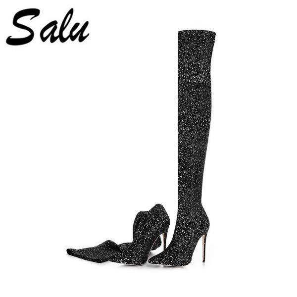 

salu winter shoes women fashion pointed toe high heels over the knee high boots silver gold slim thigh stretch boots, Black