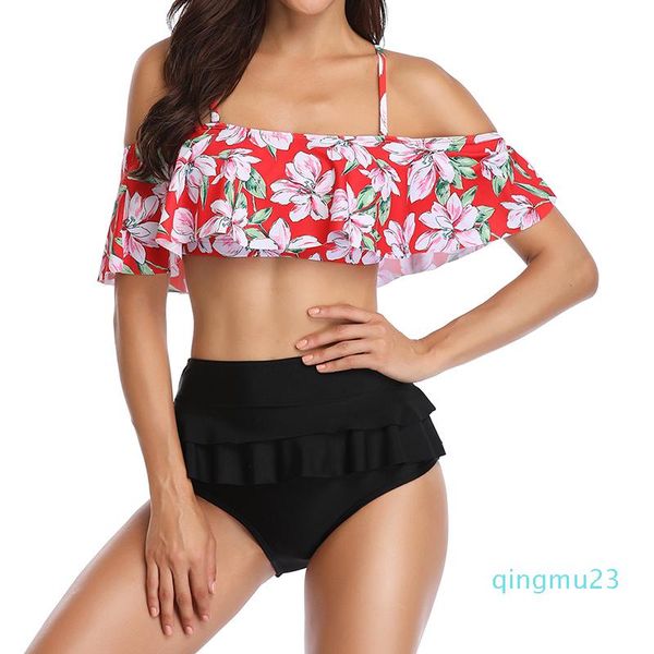 

wholesale-new ladies two piece bikini one shoulder swimsuit slim high waist swimsuit fashion print beach wear for women