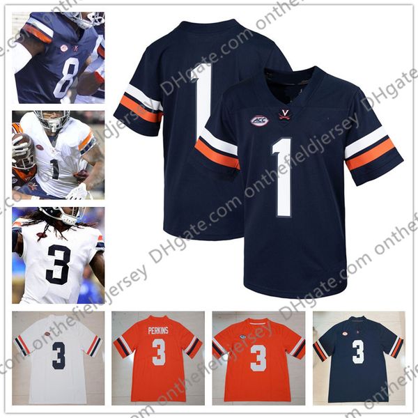 

custom virginia cavaliers 2020 college football 150th orange bowl navy blue white #3 bryce perkins 2 joe reed men youth kid uva jersey, Black