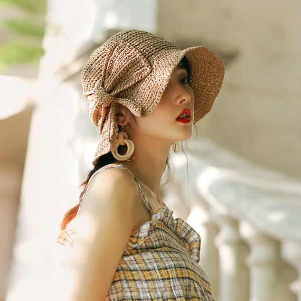 

summer beach sun hats for women girls straw hat wide brim floppy knotbow ser88, Blue;gray