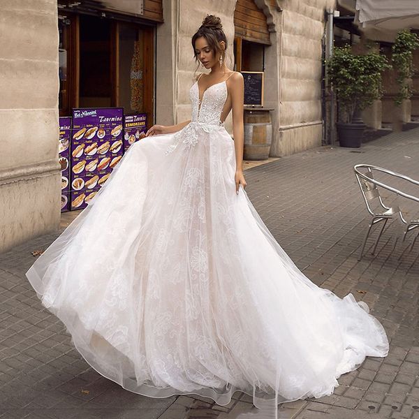 

lorie a line backless wedding dress 2019 spaghetti straps bridal dress 3d lace flowers fairy beach wedding dresses, Blue;red