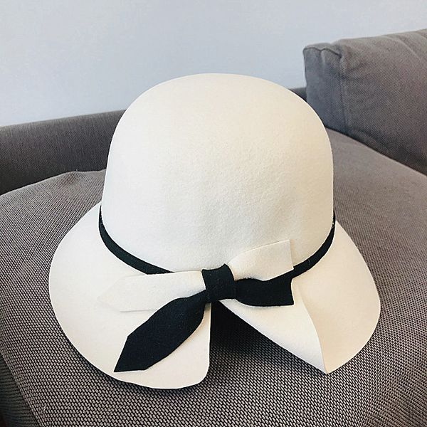 

2020 japanese style women autumn bucket hat pure wool felt warm short brim sombrero ivory khaki bow winter dome bucket hats, Blue;gray