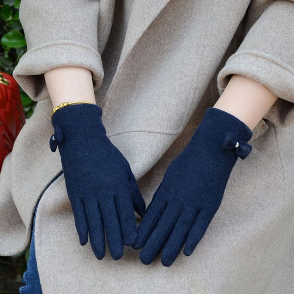 

five fingers gloves fashion elegant female wool touch screen winter women warm cashmere full finger leather bow dotted embroidery d1, Blue;gray
