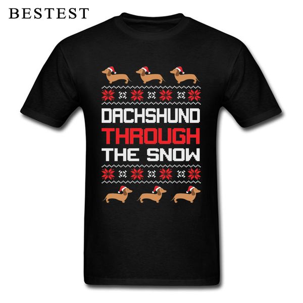 

100% cotton men t-shirt xmas dachshund through the snow male t shirt merry christmas gift black tshirt ugly sweater design tee