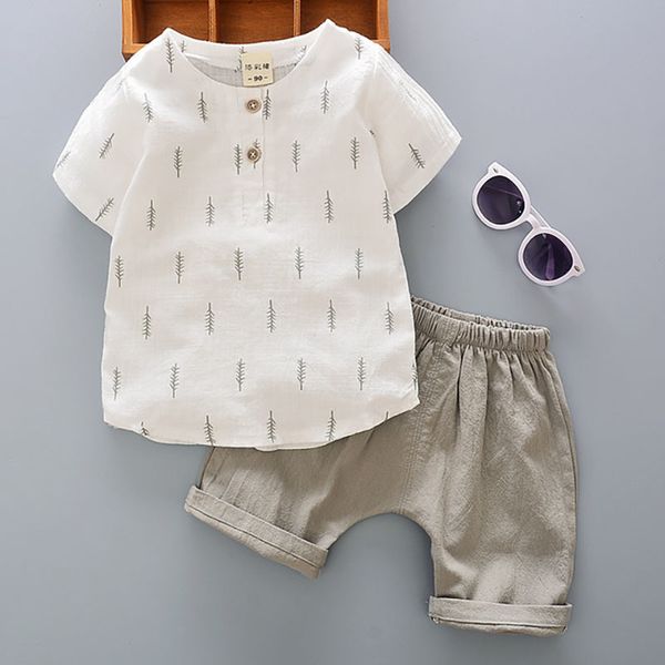 

milancel summer kids clothes linen boys clothing set short sleeve boys tee and pants 2 pcs boys set, White