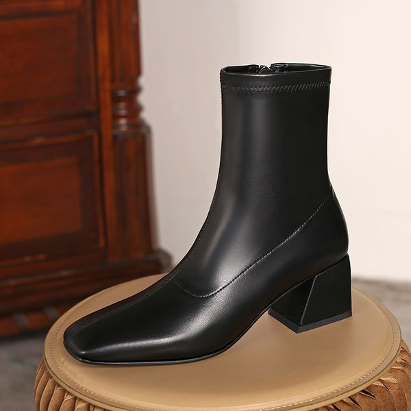 

genuine leather office lady boots shoes for women square toe ladies ankle boots side zipper shoes woman, Black