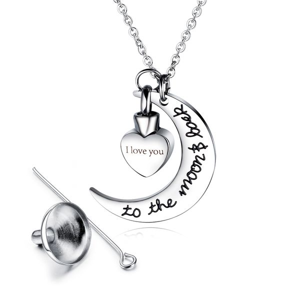 

new fashion luxury unique designer titanium steel engraved lovely cute moon love heart pendant necklace with pest urn holder 50cm, Silver