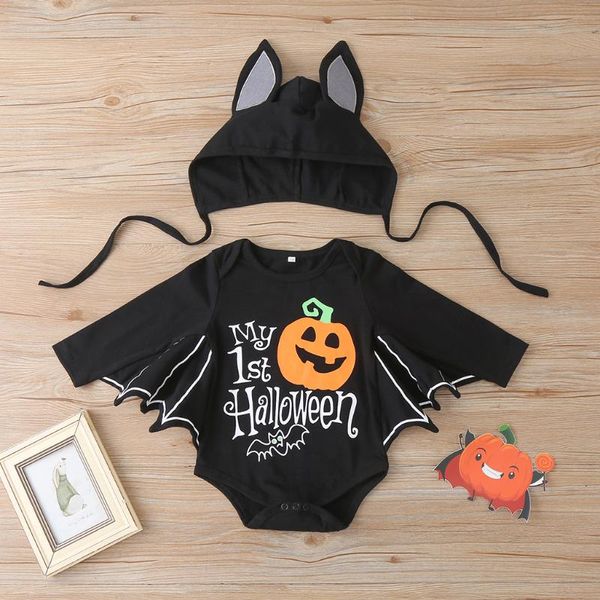 

halloween baby boys girls bodysuit long batwing sleeve o-neck cartoon clothing and cute hat outfit 2pcs, Blue