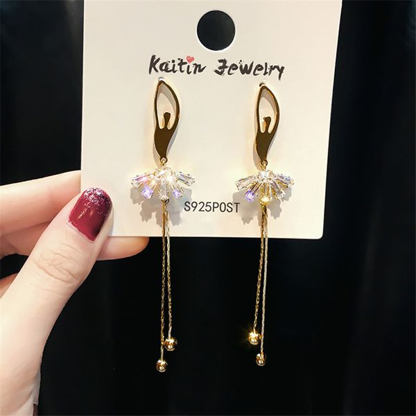 

fyuan korea long tassel zircon drop earrings for women girl ballet crystal dangle earrings fashion jewelry gifts, Silver