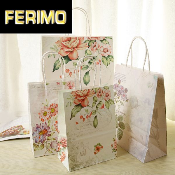 

10pcs painted flower kraft paper bag with handles rose gift bag shopping for baby steps birthday party paper bags 21x15x8cm