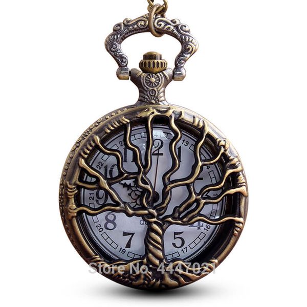 

pocket watches tree of life watch chains necklace hollow quartz steampunk fob pendant men women gifts reloj de bolsillo, Slivery;golden