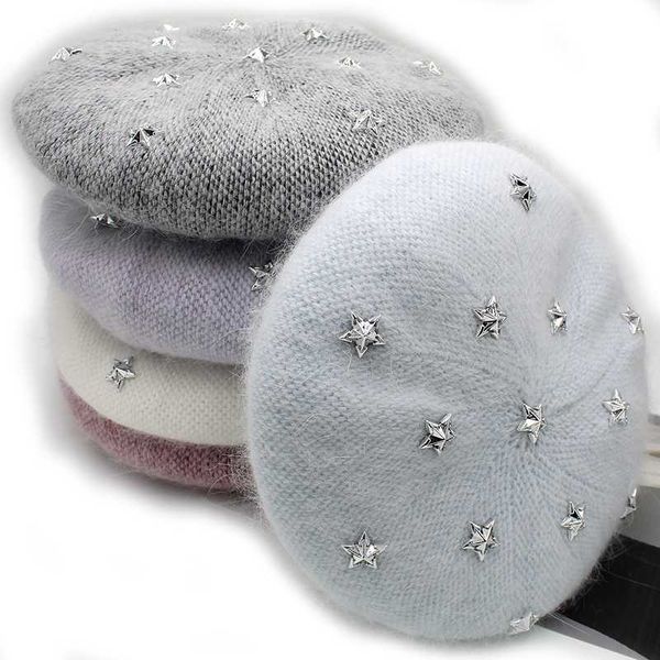 

berets [onidfurow] fashion women angora solid color beret female bonnet caps winter all matched warm walking hat with stars, Blue;gray