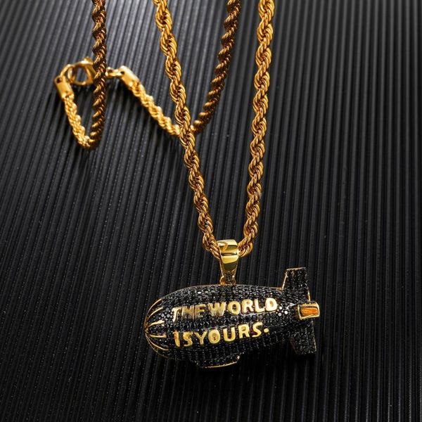

out cubic + zircon air balloon pendant necklace men with rope chain hip hop gold color charm jewelry for men women, Silver