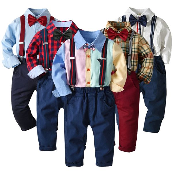 

boys' children's shirt + braces pants with side stripes suit children's toddlers spring and autumn suits gentleman student we, White