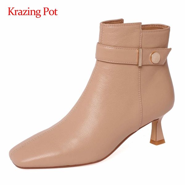 

krazing pot work boots natural leather metal decorations gorgeous square toe thin high heel zipper pretty girls ankle boots l24, Black