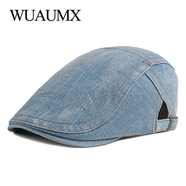 

wuaumx new washed denim berets hat men women british western style flat ivy cap solid blue duckbill hat vintage herringbone caps, Blue;gray